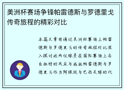 美洲杯赛场争锋帕雷德斯与罗德里戈传奇旅程的精彩对比