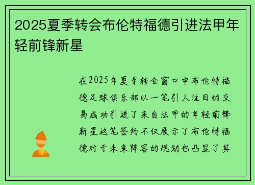 2025夏季转会布伦特福德引进法甲年轻前锋新星 2025夏季转会布伦特福德引进法甲年轻前锋新星